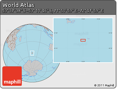 Gray Location Map of the Area around 53° 24' 42" S, 72° 19' 29" E