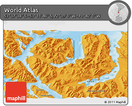 Political 3D Map of the Area around 53° 24' 42" S, 72° 10' 30" W
