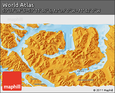 Political 3D Map of the Area around 53° 24' 42" S, 72° 10' 30" W