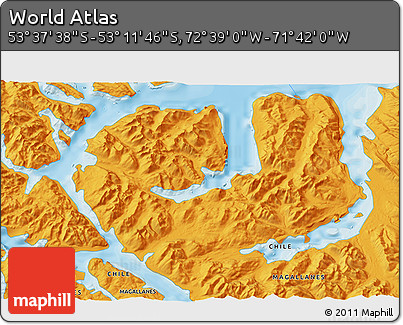 Political 3D Map of the Area around 53° 24' 42" S, 72° 10' 30" W