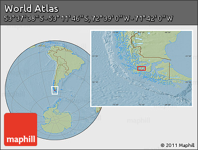 Savanna Style Location Map of the Area around 53° 24' 42" S, 72° 10' 30" W, hill shading
