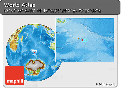 Physical Location Map of the Area around 53° 24' 42" S, 74° 52' 30" E