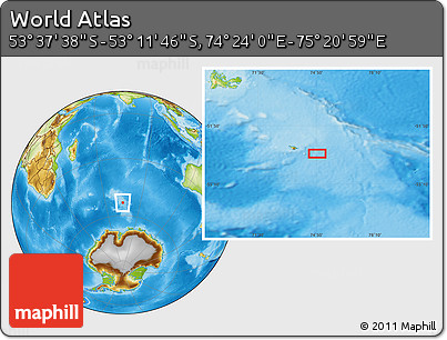Physical Location Map of the Area around 53° 24' 42" S, 74° 52' 30" E