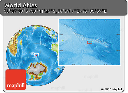 Physical Location Map of the Area around 53° 24' 42" S, 79° 7' 30" E