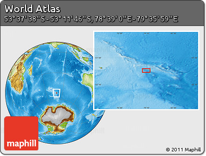 Physical Location Map of the Area around 53° 24' 42" S, 79° 7' 30" E