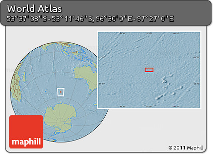 Savanna Style Location Map of the Area around 53° 24' 42" S, 96° 58' 29" E, hill shading