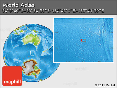 Physical Location Map of the Area around 53° 47' 48" S, 135° 13' 29" E