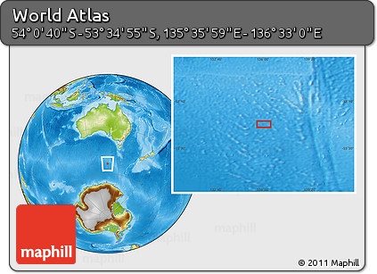 Physical Location Map of the Area around 53° 47' 48" S, 136° 4' 29" E