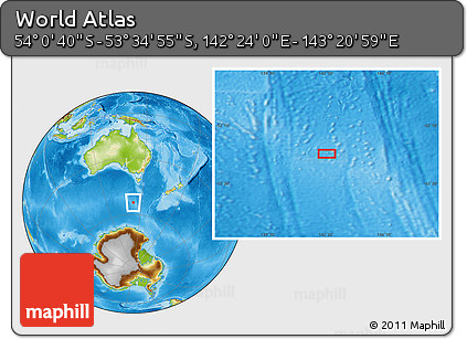 Physical Location Map of the Area around 53° 47' 48" S, 142° 52' 30" E