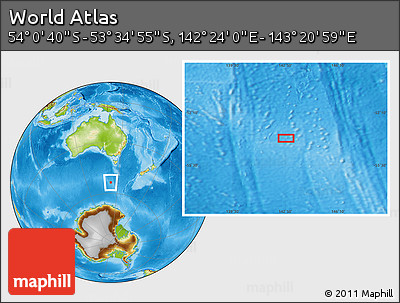 Physical Location Map of the Area around 53° 47' 48" S, 142° 52' 30" E