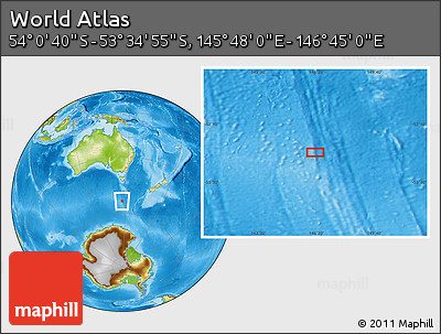 Physical Location Map of the Area around 53° 47' 48" S, 146° 16' 30" E