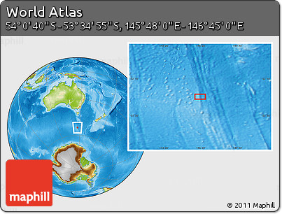 Physical Location Map of the Area around 53° 47' 48" S, 146° 16' 30" E