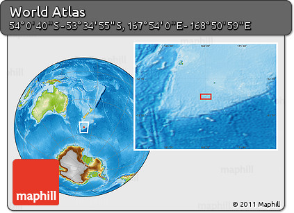 Physical Location Map of the Area around 53° 47' 48" S, 168° 22' 30" E