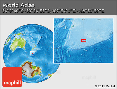 Physical Location Map of the Area around 53° 47' 48" S, 168° 22' 30" E