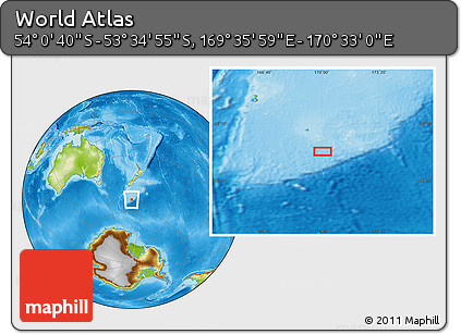 Physical Location Map of the Area around 53° 47' 48" S, 170° 4' 29" E