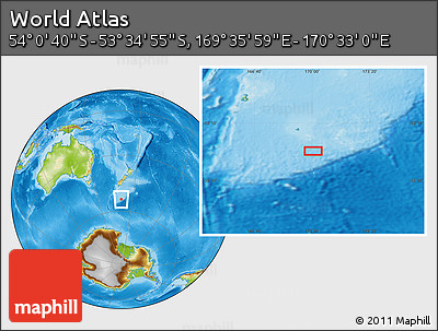 Physical Location Map of the Area around 53° 47' 48" S, 170° 4' 29" E
