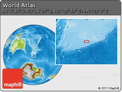 Physical Location Map of the Area around 53° 47' 48" S, 170° 4' 29" E
