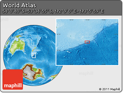 Physical Location Map of the Area around 53° 47' 48" S, 172° 37' 30" E