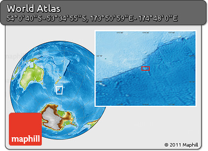 Physical Location Map of the Area around 53° 47' 48" S, 174° 19' 29" E
