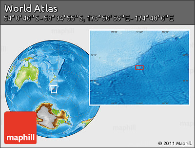 Physical Location Map of the Area around 53° 47' 48" S, 174° 19' 29" E