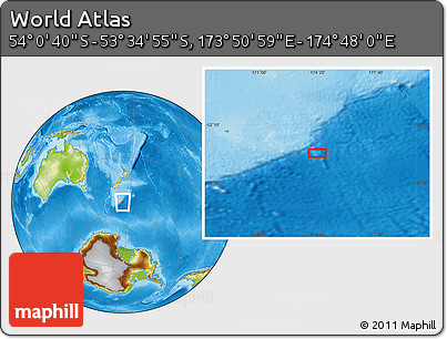 Physical Location Map of the Area around 53° 47' 48" S, 174° 19' 29" E