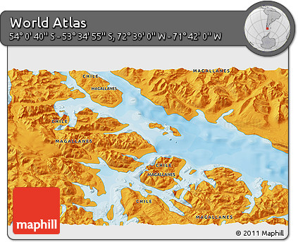 Political 3D Map of the Area around 53° 47' 48" S, 72° 10' 30" W