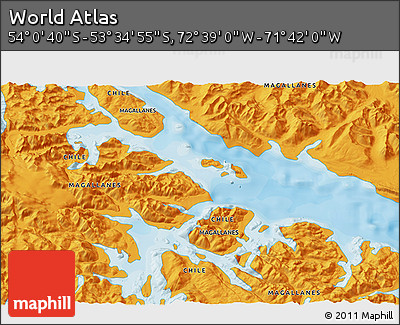 Political 3D Map of the Area around 53° 47' 48" S, 72° 10' 30" W