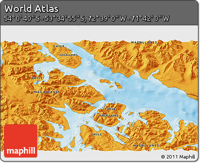 Political 3D Map of the Area around 53° 47' 48" S, 72° 10' 30" W