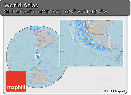 Gray Location Map of the Area around 53° 47' 48" S, 72° 10' 30" W, hill shading