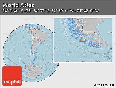 Gray Location Map of the Area around 53° 47' 48" S, 72° 10' 30" W, hill shading