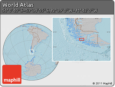 Gray Location Map of the Area around 53° 47' 48" S, 72° 10' 30" W, hill shading