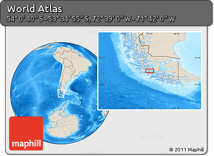 Shaded Relief Location Map of the Area around 53° 47' 48" S, 72° 10' 30" W