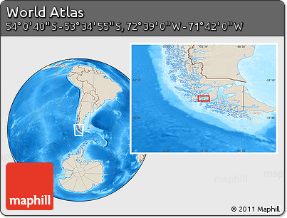 Shaded Relief Location Map of the Area around 53° 47' 48" S, 72° 10' 30" W