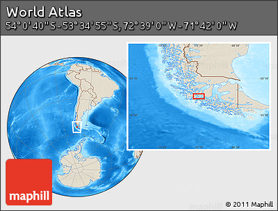 Shaded Relief Location Map of the Area around 53° 47' 48" S, 72° 10' 30" W