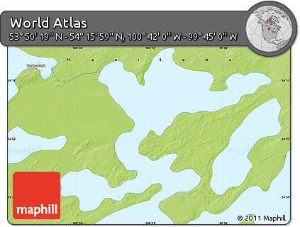 Physical Map of the Area around 54° 3' 9" N, 100° 13' 29" W