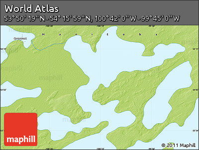 Physical Map of the Area around 54° 3' 9" N, 100° 13' 29" W
