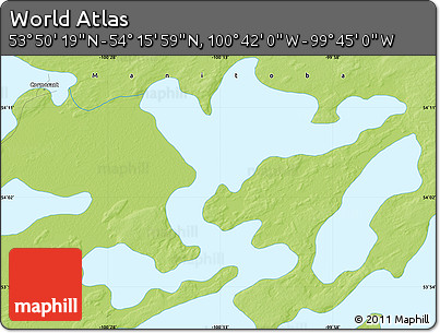 Physical Map of the Area around 54° 3' 9" N, 100° 13' 29" W