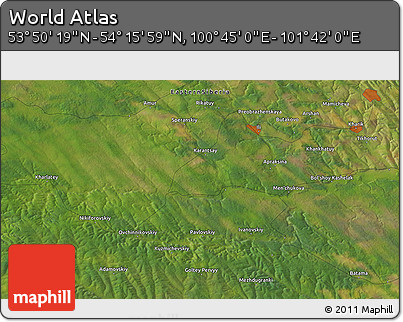 Satellite 3D Map of the Area around 54° 3' 9" N, 101° 13' 29" E