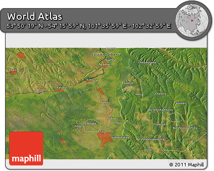 Satellite 3D Map of the Area around 54° 3' 9" N, 102° 4' 29" E