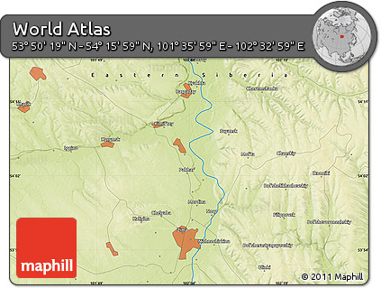Physical Map of the Area around 54° 3' 9" N, 102° 4' 29" E