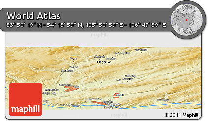 Physical Panoramic Map of the Area around 54° 3' 9" N, 106° 19' 29" E