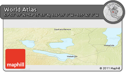 Physical Panoramic Map of the Area around 54° 3' 9" N, 106° 10' 30" W