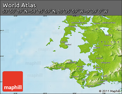 Physical Map of the Area around 54° 3' 9" N, 10° 7' 30" W