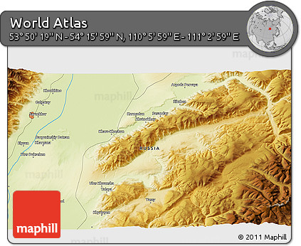 Physical 3D Map of the Area around 54° 3' 9" N, 110° 34' 29" E
