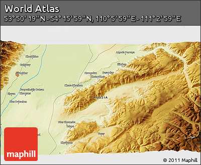 Physical 3D Map of the Area around 54° 3' 9" N, 110° 34' 29" E