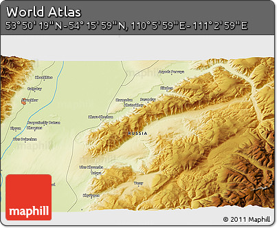 Physical 3D Map of the Area around 54° 3' 9" N, 110° 34' 29" E