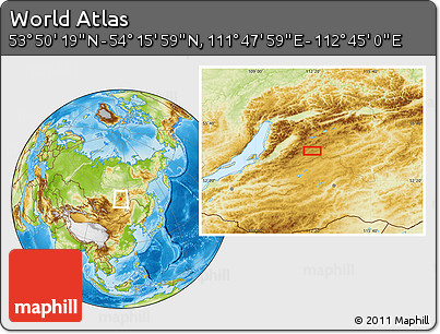 Physical Location Map of the Area around 54° 3' 9" N, 112° 16' 30" E
