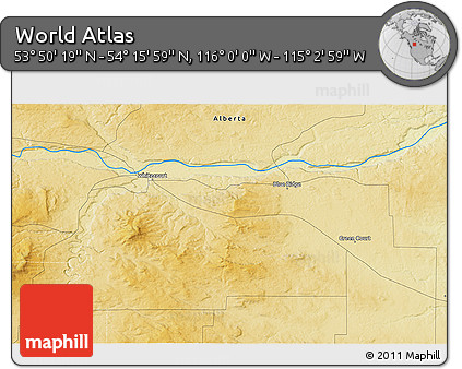 Physical 3D Map of the Area around 54° 3' 9" N, 115° 31' 30" W