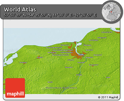 Physical 3D Map of the Area around 54° 3' 9" N, 11° 58' 29" E