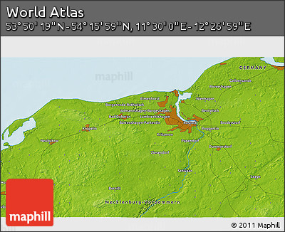 Physical 3D Map of the Area around 54° 3' 9" N, 11° 58' 29" E